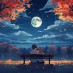 Anime Couple Sitting in Quiet Park Autumn