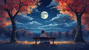 Anime Couple Sitting in Quiet Park Autumn