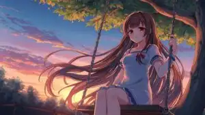 Anime Girl Sitting on Swing at Sunset