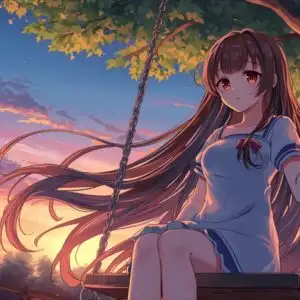 Anime Girl Sitting on Swing at Sunset
