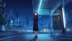 Anime Girl Standing at Bus Stop at Night