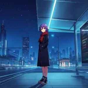 Anime Girl Standing at Bus Stop at Night