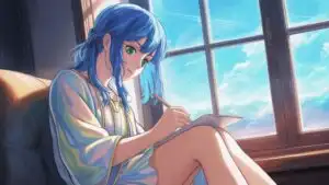 Blue Haired Girl Writing by the Window