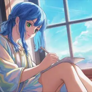 Blue Haired Girl Writing by the Window
