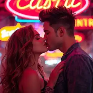 Kiss Under Neon Retro Signs