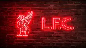 Liverpool FC Neon Red Crest on Brick Wall