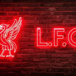 Liverpool FC Neon Red Crest on Brick Wall