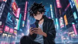 Manga Boy Looking at Phone Under Neon Lights