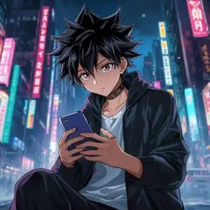 Manga Boy Looking at Phone Under Neon Lights