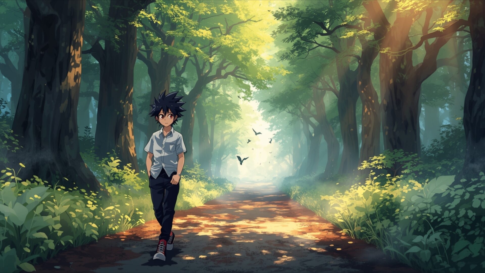 manga boy walking through forest path morning wallpaper, manga, anime forest path, manga boy nature, morning light, desktop, mobile, background