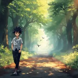 Manga Boy Walking Through Forest Path Morning