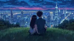 Manga Couple Watching City Lights from Hill