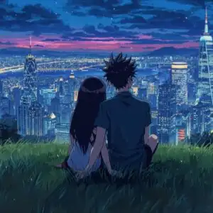 Manga Couple Watching City Lights from Hill