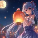 Manga Girl Holding Lantern in Night Festival