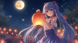 Manga Girl Holding Lantern in Night Festival