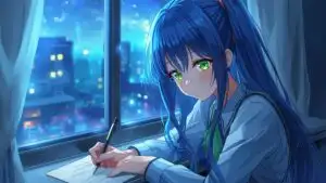 Manga Girl Writing Letter by Window