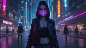 Neon Mask Girl Cyberpunk City