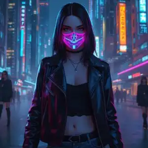 Neon Mask Girl Cyberpunk City