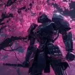 Steel Samurai Mech Under Cherry Neon Sky