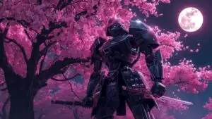 Steel Samurai Mech Under Cherry Neon Sky