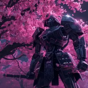 Steel Samurai Mech Under Cherry Neon Sky