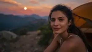 Traveler Sitting Beside Camp Tent at Dawn