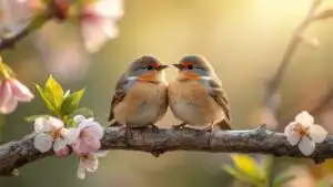Two Birds Perched Branch Spring Blossoms Nature
