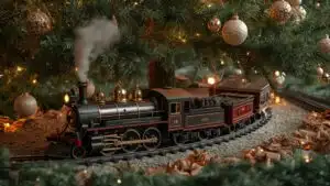 Antique Toy Train Circling the Base of the Tree