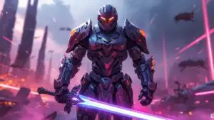 Armored Exo-Knight Facing Neon Battlefield