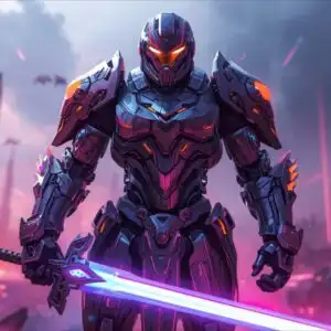 Armored Exo-Knight Facing Neon Battlefield