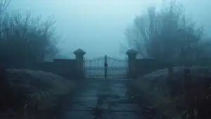Closed Gate in Foggy Morning