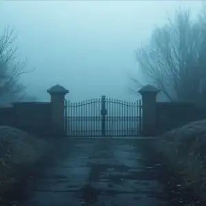 Closed Gate in Foggy Morning