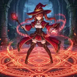 Crimson Mage Girl Summoning Magic Circle