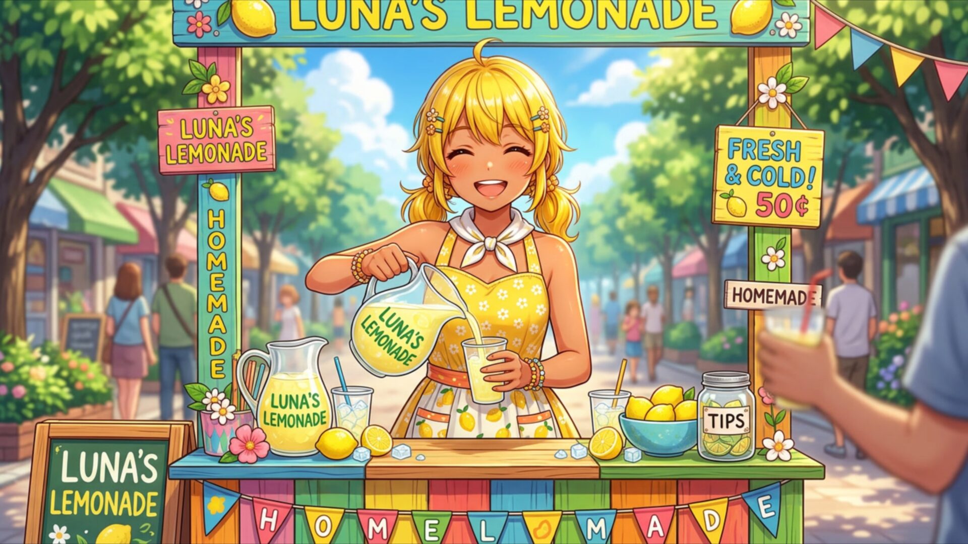 cute girl lemonade street wallpaper, anime & games fantasy, anime, bright, cute girl, fun, lemonade, street, desktop, mobile, background