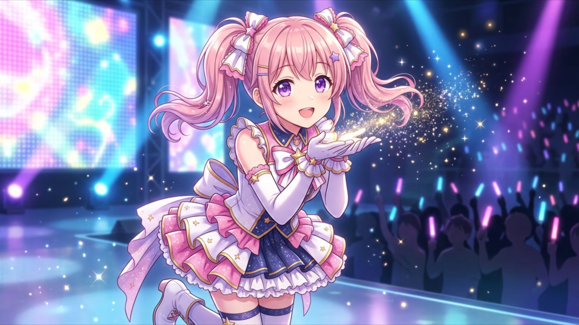 cute idol girl blowing magic sparkles wallpaper, anime, anime girl, big eyes, charming, colorful, cute, fantasy, glowing, desktop, mobile, background