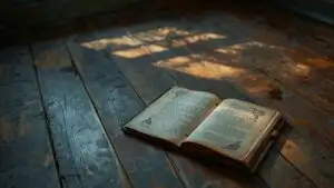 Fallen Notebook on Old Wooden Floor