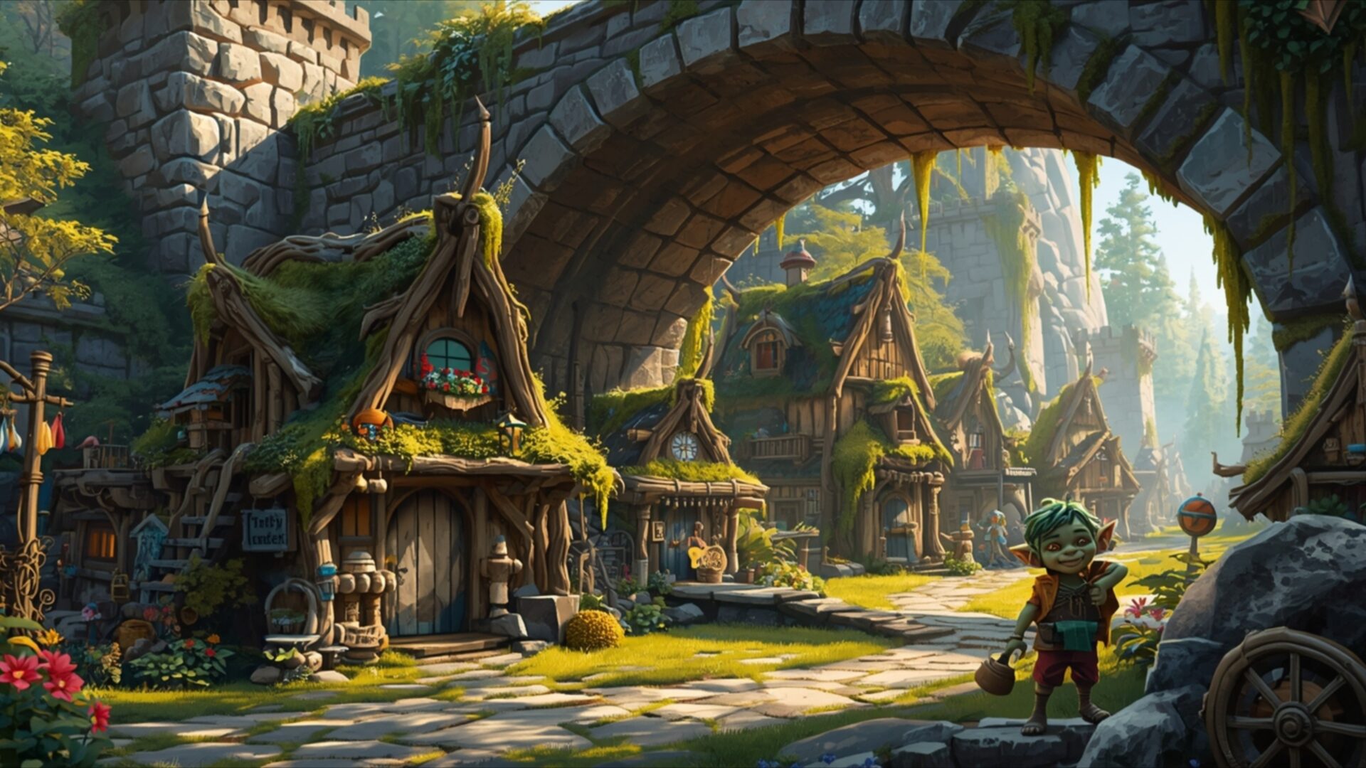 goblin village shacks under bridge wallpaper, fantasy, bridge, community, fantasy, goblin, shacks, village, desktop, mobile, background