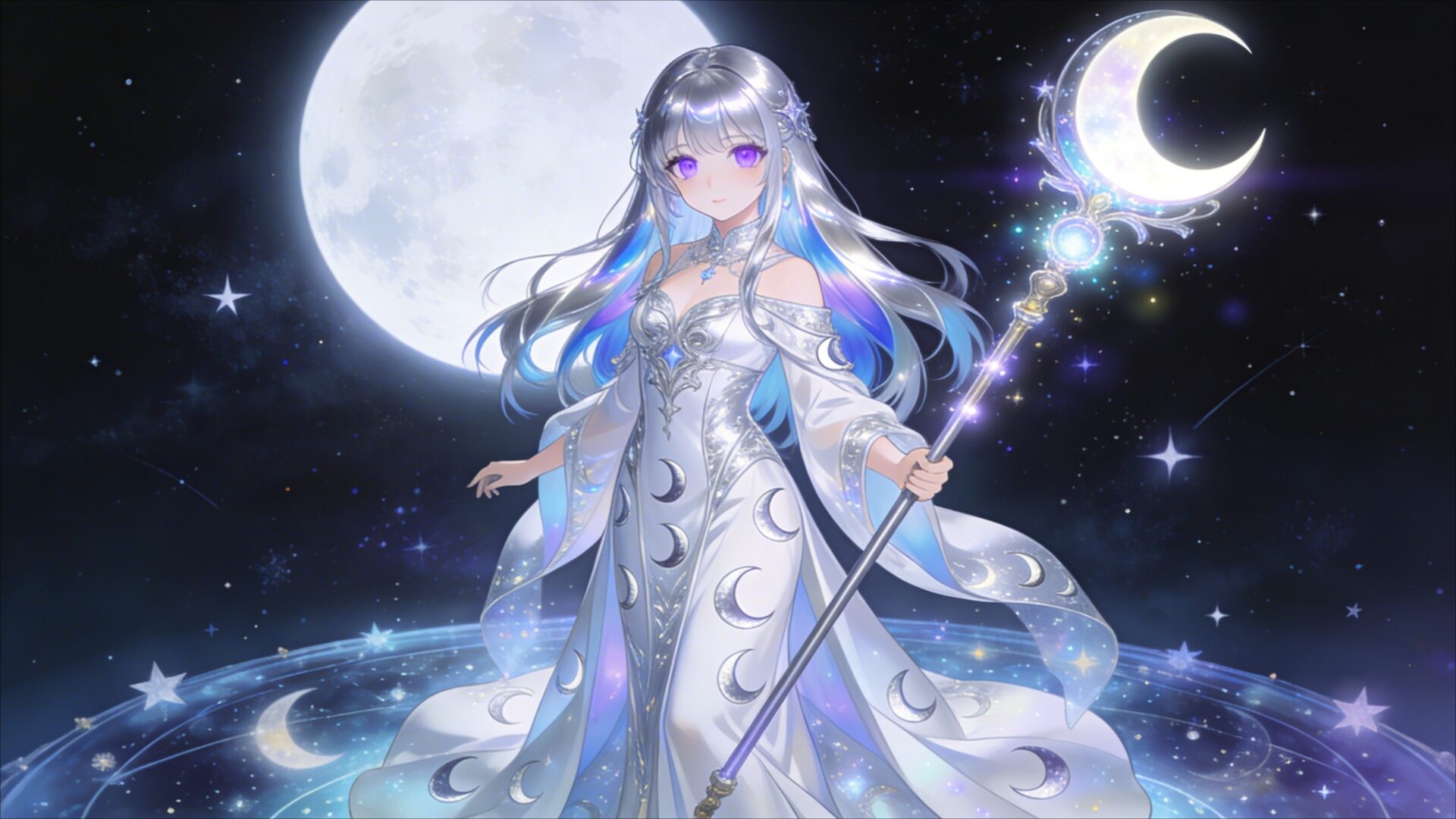lunar guardian anime girl wallpaper, anime, anime girl, anime wallpaper, celestial, cosmic, elegant, fantasy, glowing moon, desktop, mobile, background