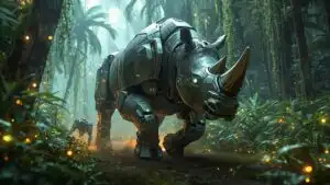 Mecha Rhino Rushing Through Cyber Jungle
