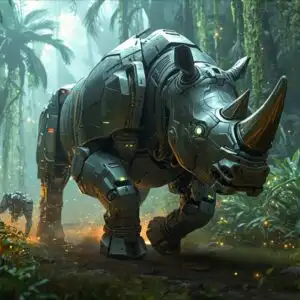 Mecha Rhino Rushing Through Cyber Jungle