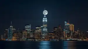 New York City Skyline Under Full Moon