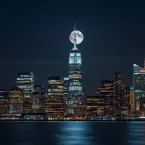 New York City Skyline Under Full Moon
