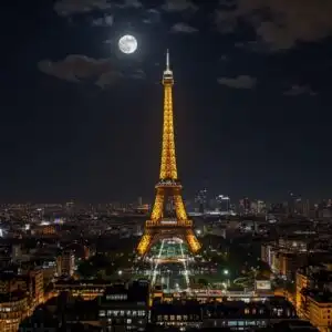 Paris Eiffel Tower Full Moon Night