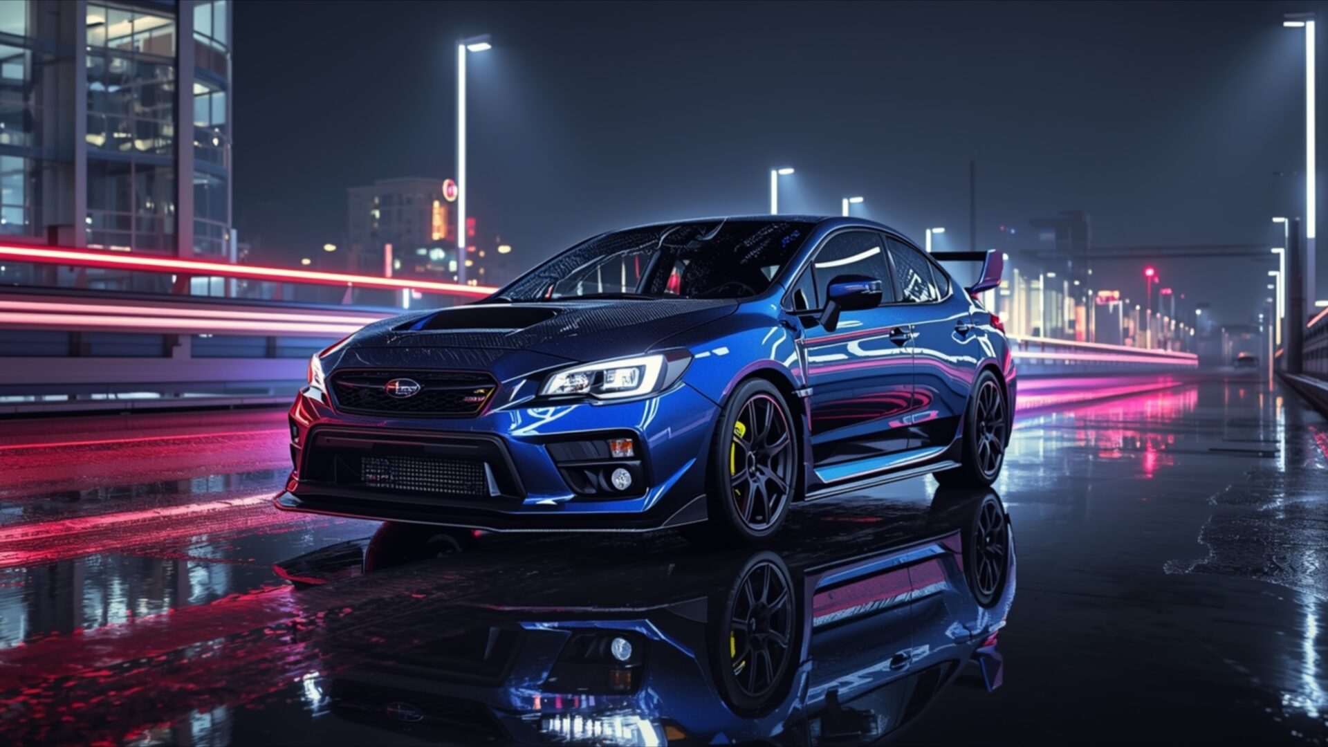subaru wrx sti cyberpunk city lights wallpaper, cars & vehicles, automotive, cyberpunk, dark car, japanese car, jdm, neon reflections, night city, desktop, mobile, background
