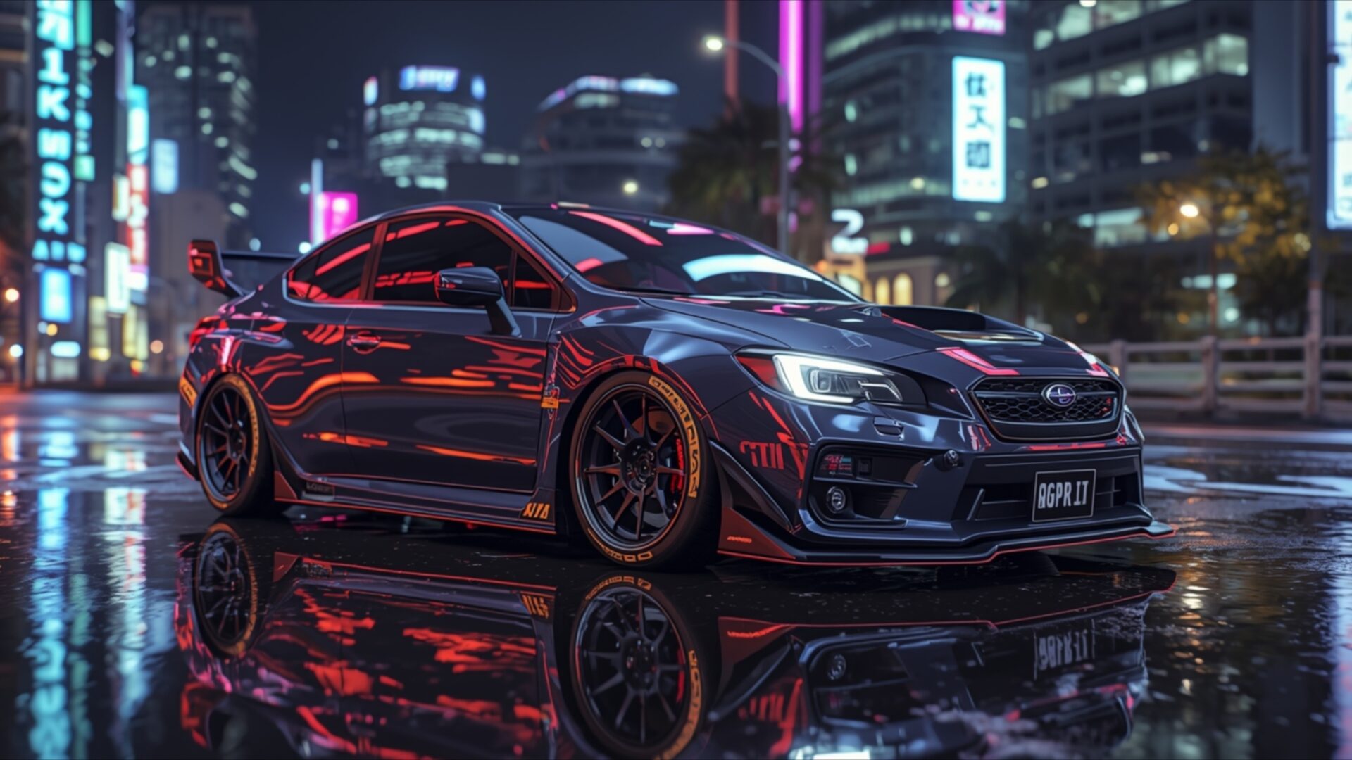 subaru wrx sti neon rain night drive wallpaper, cars & vehicles, automotive, blue car, japanese car, jdm, neon city, performance, rainy night, desktop, mobile, background