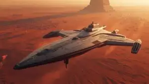 Titanic Drone Carrier Hovering Over Red Desert