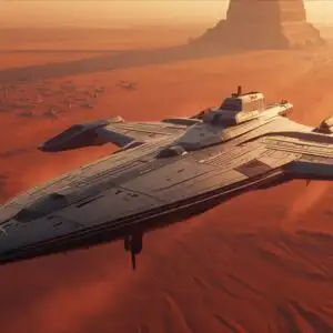 Titanic Drone Carrier Hovering Over Red Desert