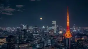 Tokyo City Lights and Full Moon