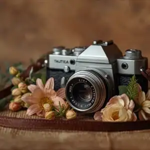 Vintage Camera and Flowers Scene