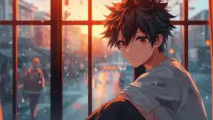 Anime Boy Sitting by Window Rainy Afternoon
